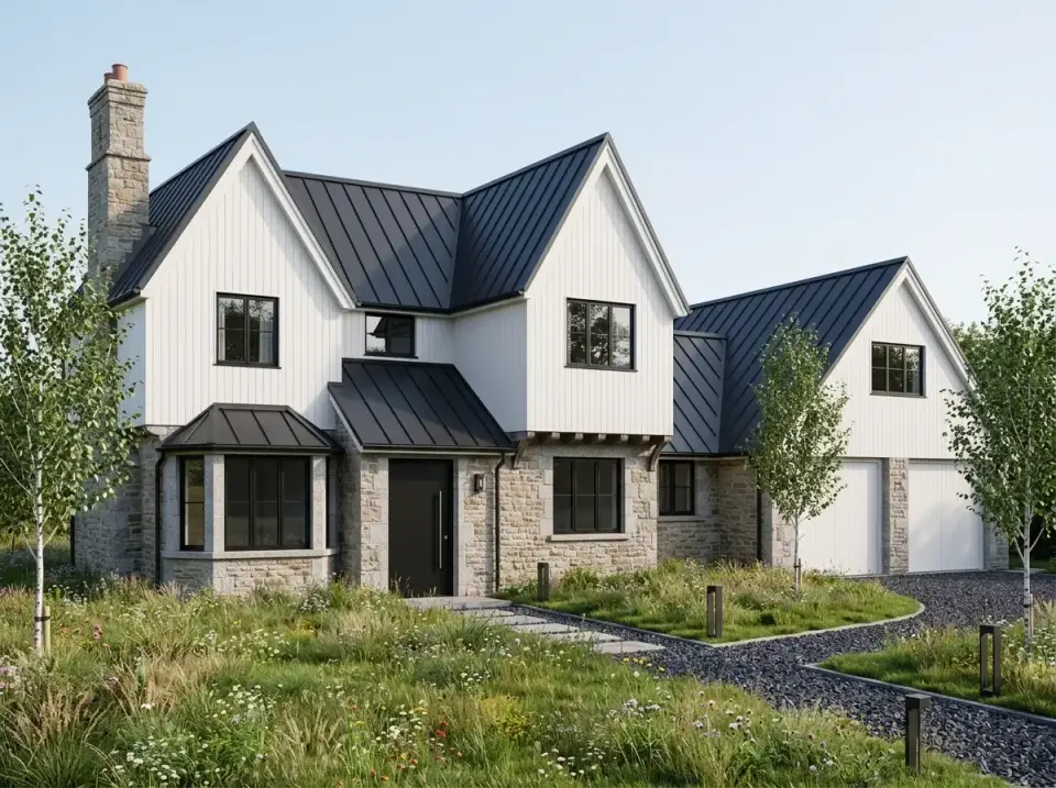 Scandinavian farmhouse facade with vertical white siding, dark metal roof, black window frames, and native grasses