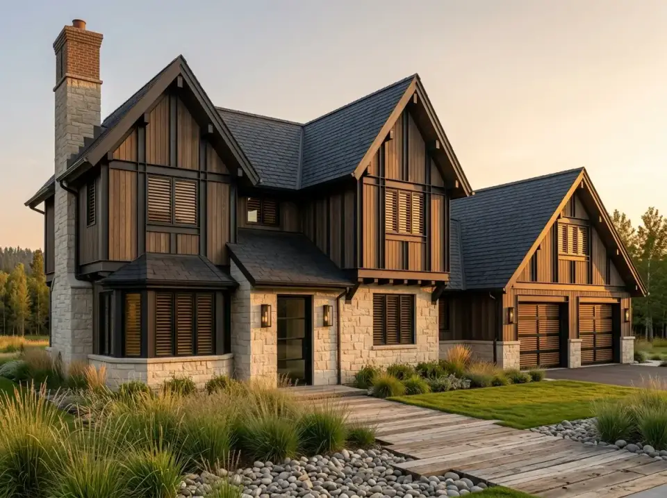 Rustic mountain lodge facade with dark-stained wood siding, stone base, brick chimney, and river-rock landscaping