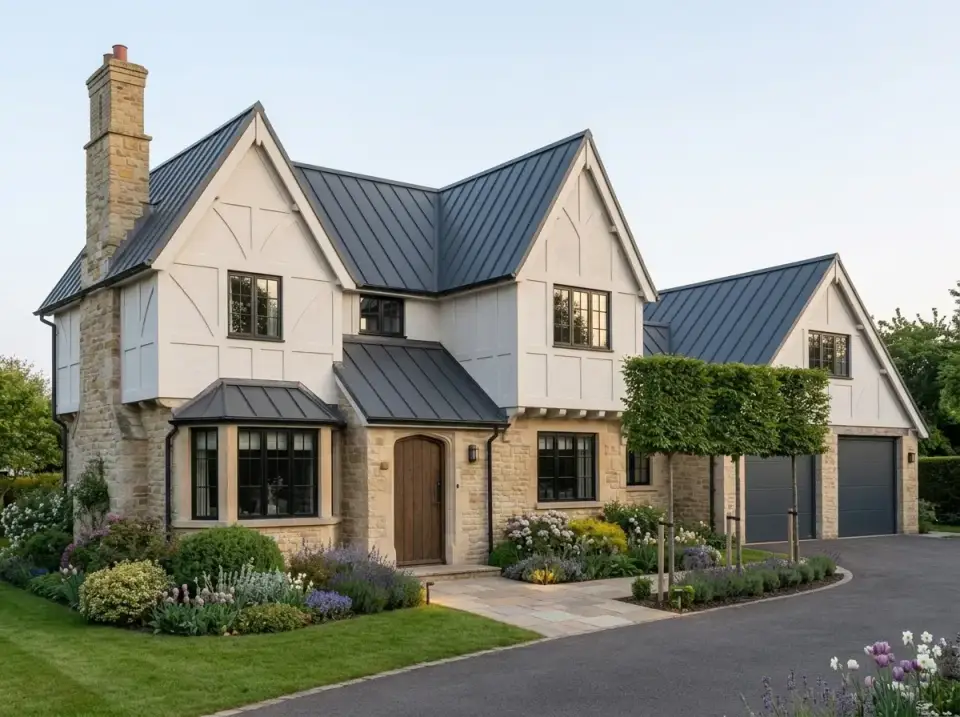 Cotswold stone cottage facade with honey-colored stone, arched wood door, blue metal roof, and lavender garden