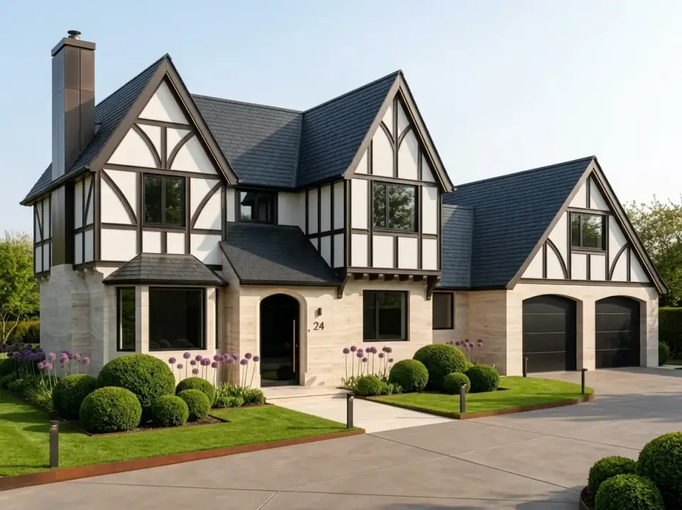 High-contrast Tudor Revival facade with crisp black timbering, white stucco, large-format stone, and geometric shrubs