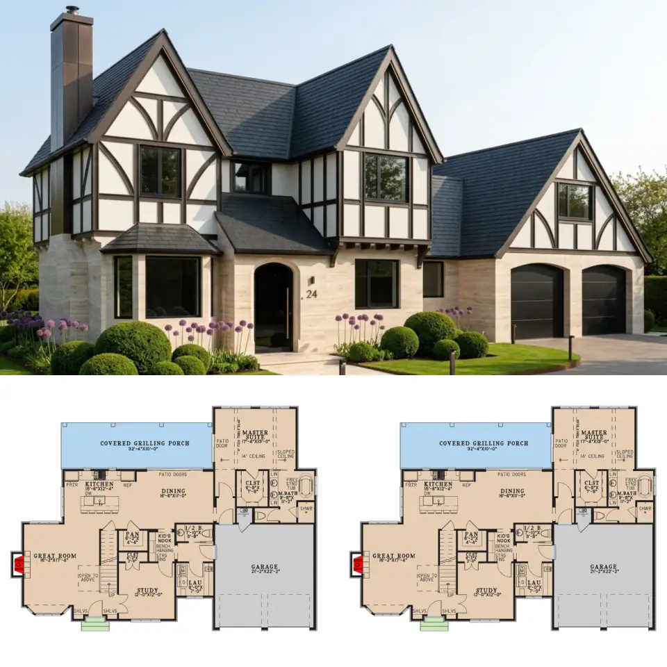 Tudor House Plan with Main-Level Primary Suite