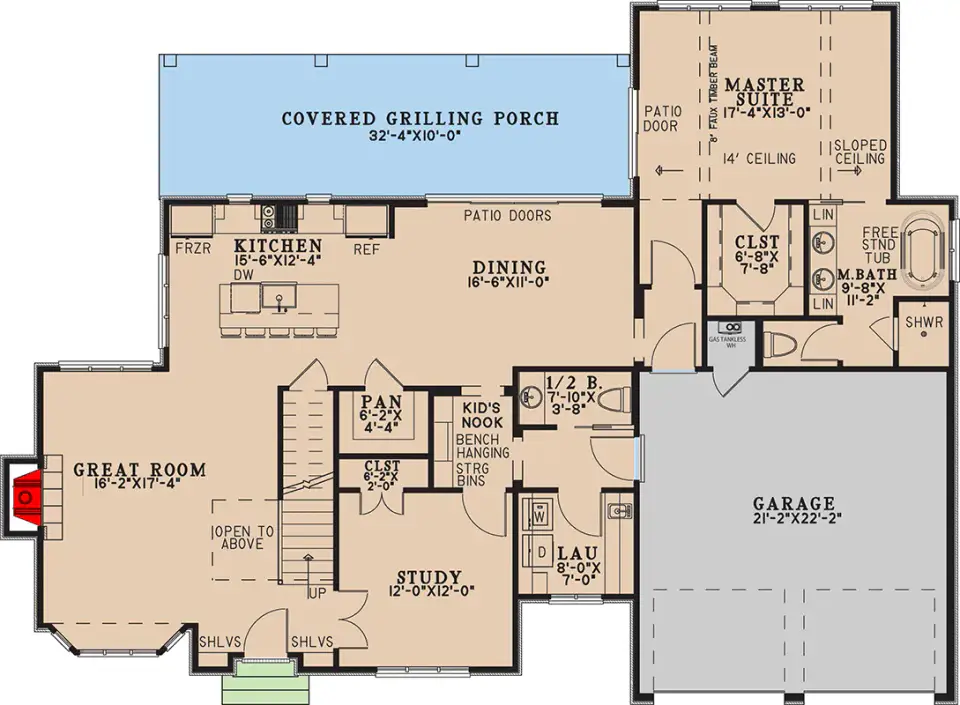 Main level floor plan of the 2,394 sq ft Tudor house plan with main-level primary suite, open kitchen, and covered grilling porch
