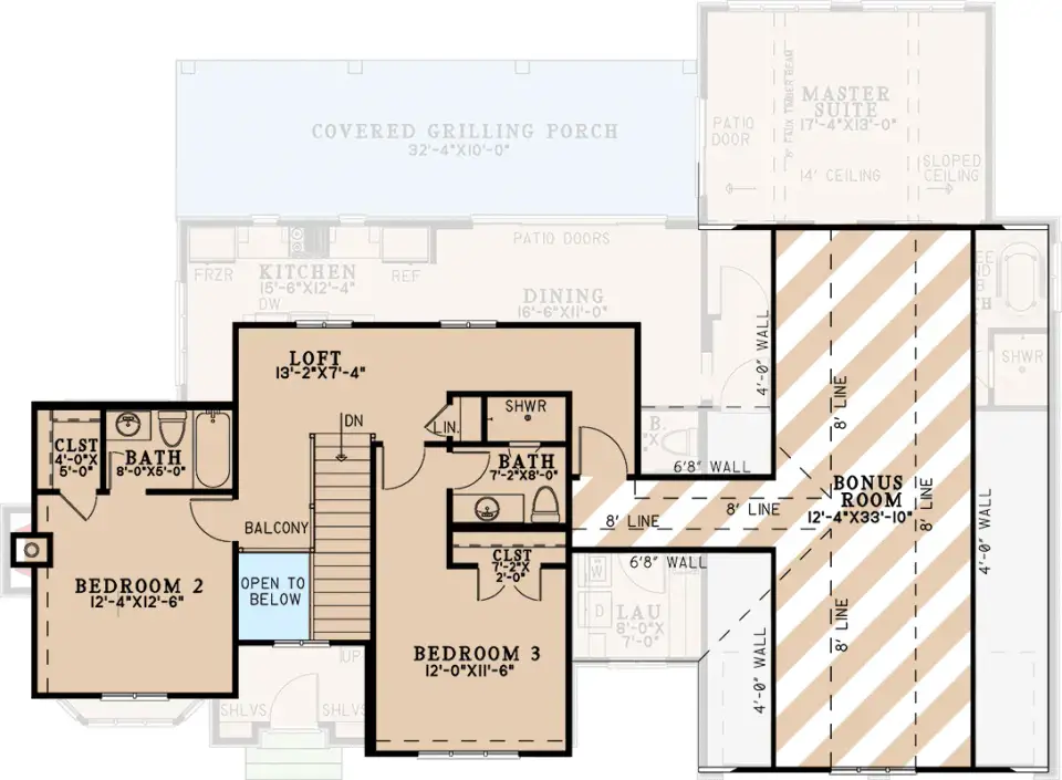 Second floor plan showing two secondary bedrooms, shared loft, and 505 sq ft bonus room above the garage