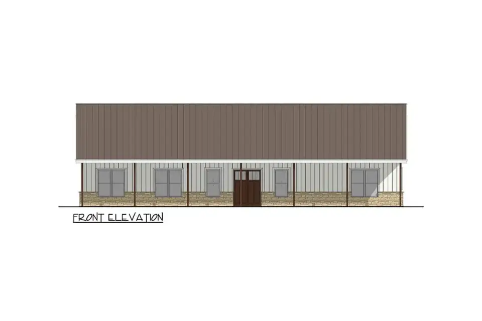 Angled exterior view showing vertical siding and stone wainscot on the farmhouse