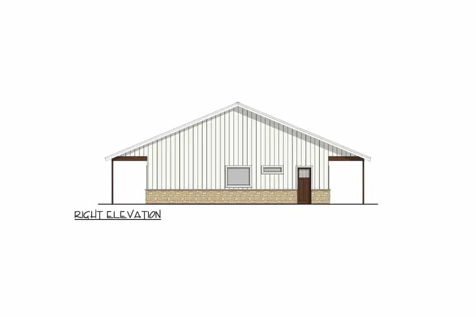 Rear elevation of the barndominium with full-width covered porch