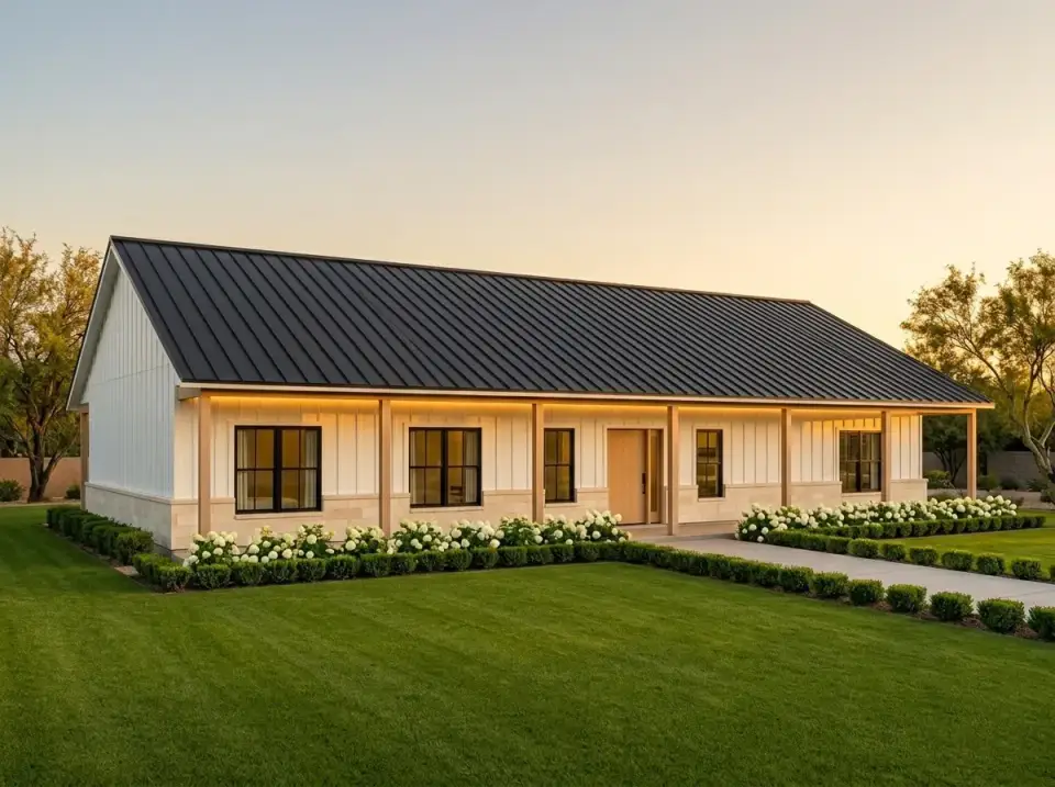 Modern farmhouse facade with white board-and-batten siding and light stone