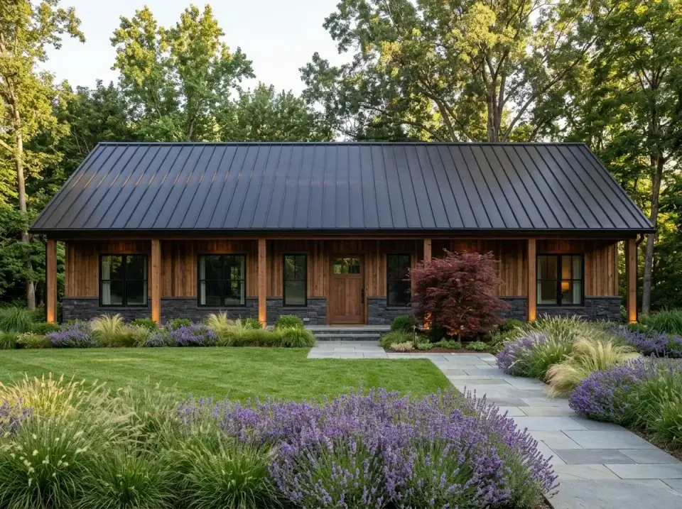 Woodland natural facade with cedar-toned siding and Japanese maple