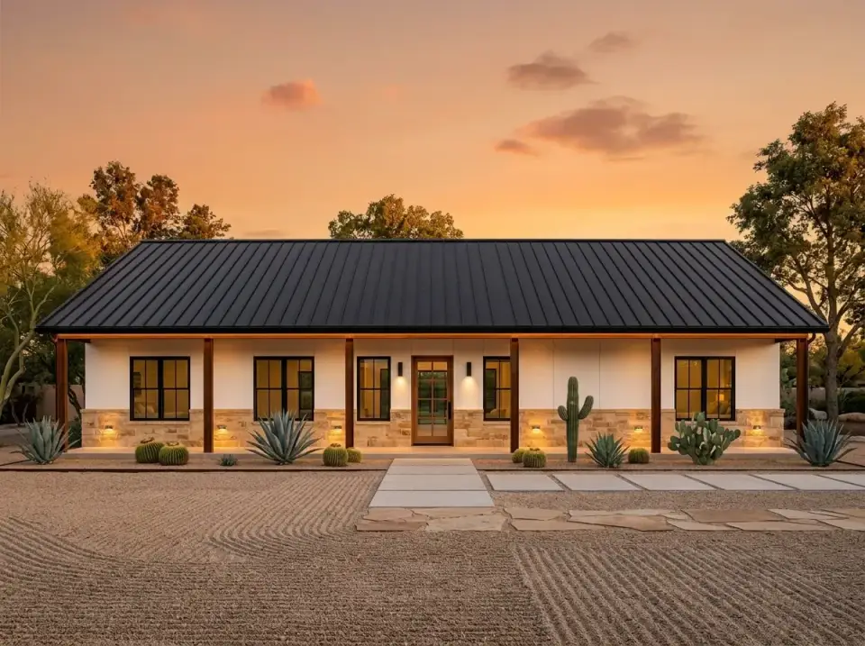 Desert contemporary facade with smooth white walls and xeriscape