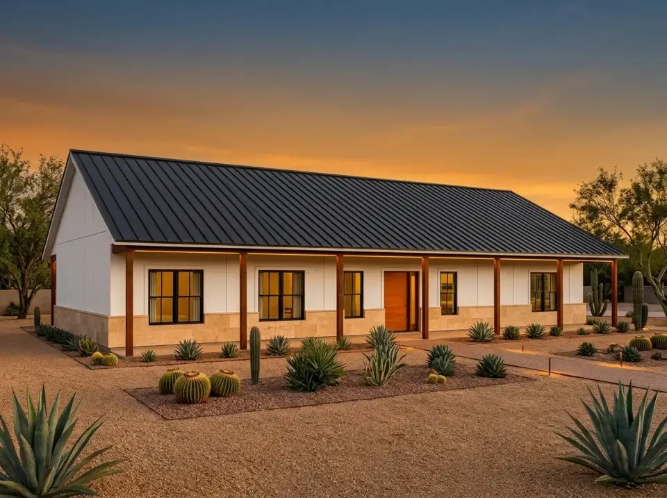 Desert farmhouse facade with white vertical siding and succulent beds
