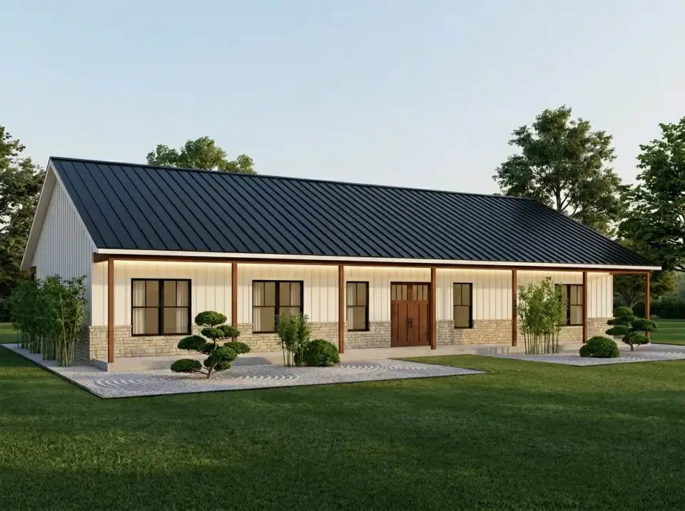 Zen garden facade with raked gravel beds and cloud-pruned topiary