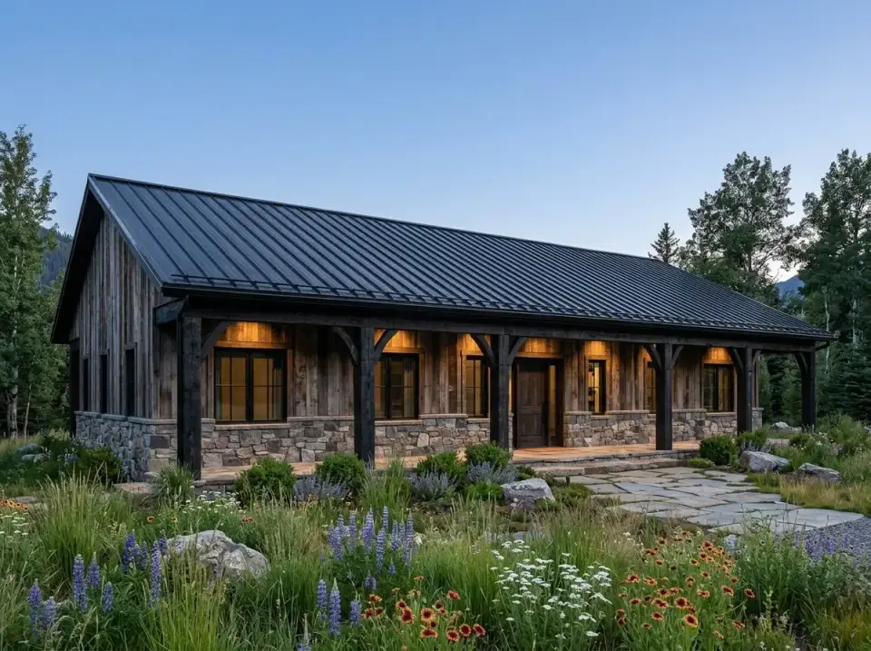 Mountain rustic facade with weathered barnwood siding and timber posts