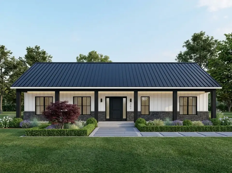 Contemporary craftsman facade with white siding and dark charcoal stone base