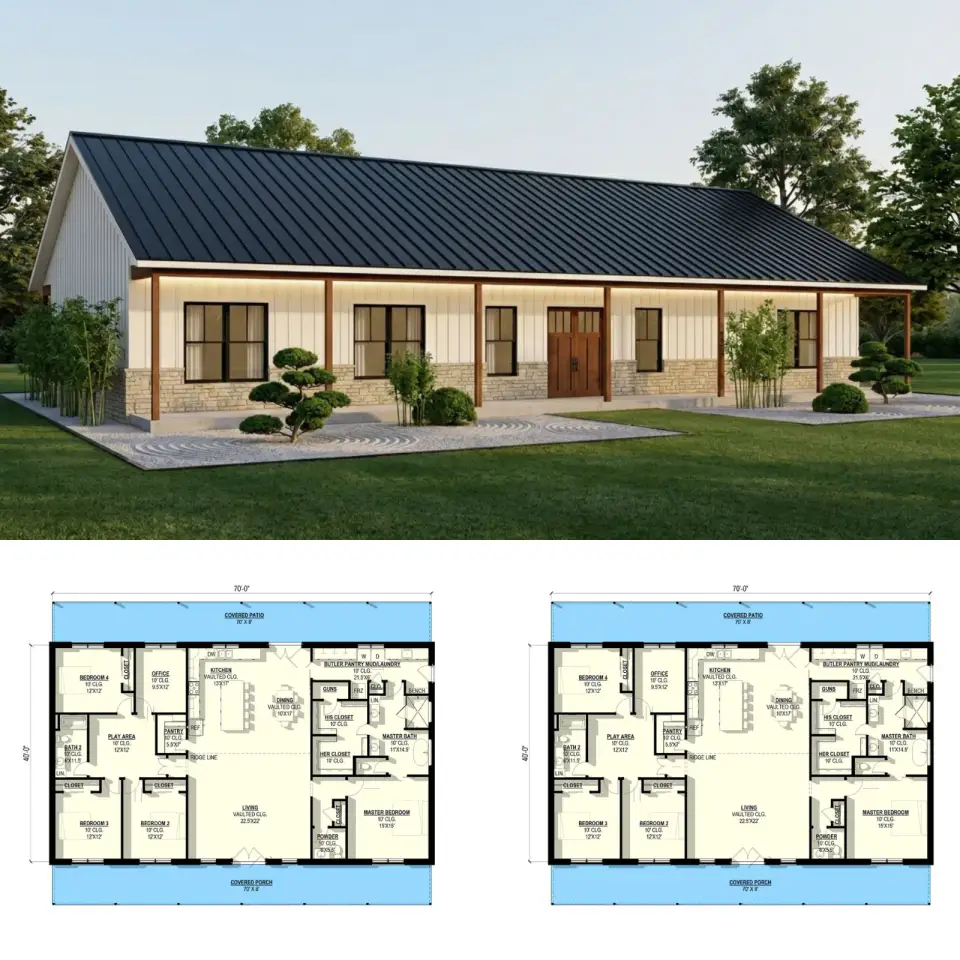 4-Bedroom Barndominium Farmhouse with 70-Foot Porches