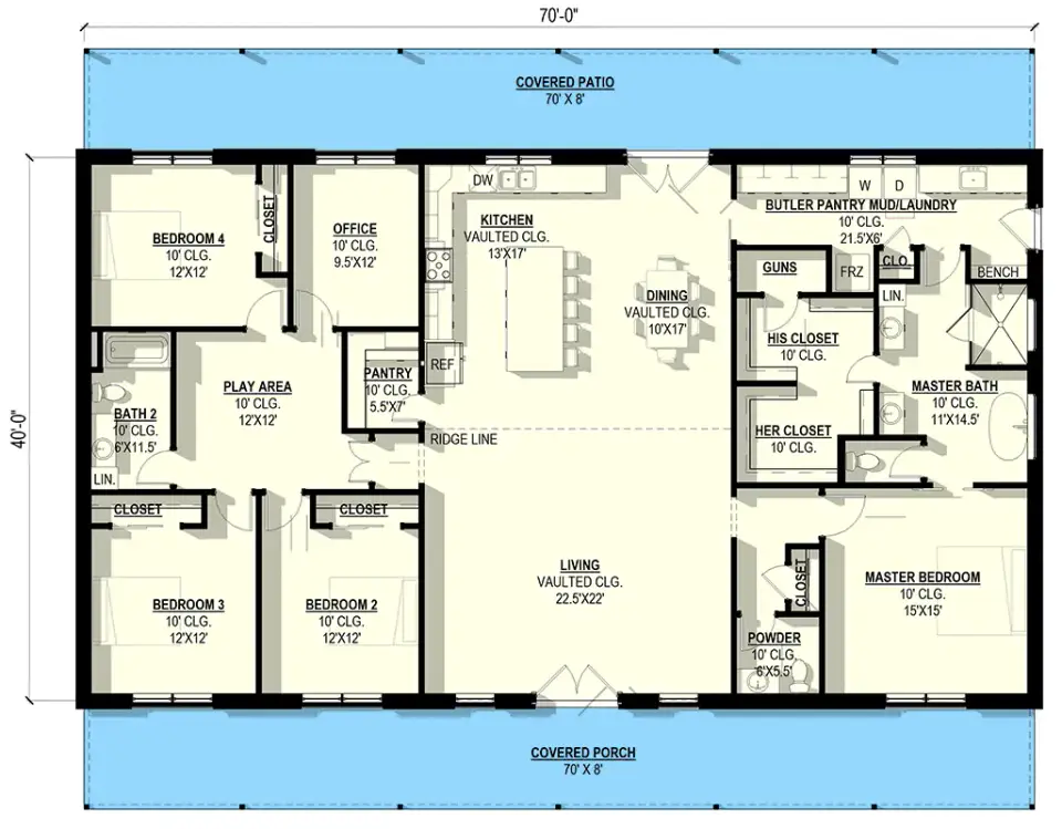 Main level floor plan of the 4-bedroom barndominium farmhouse with covered porches