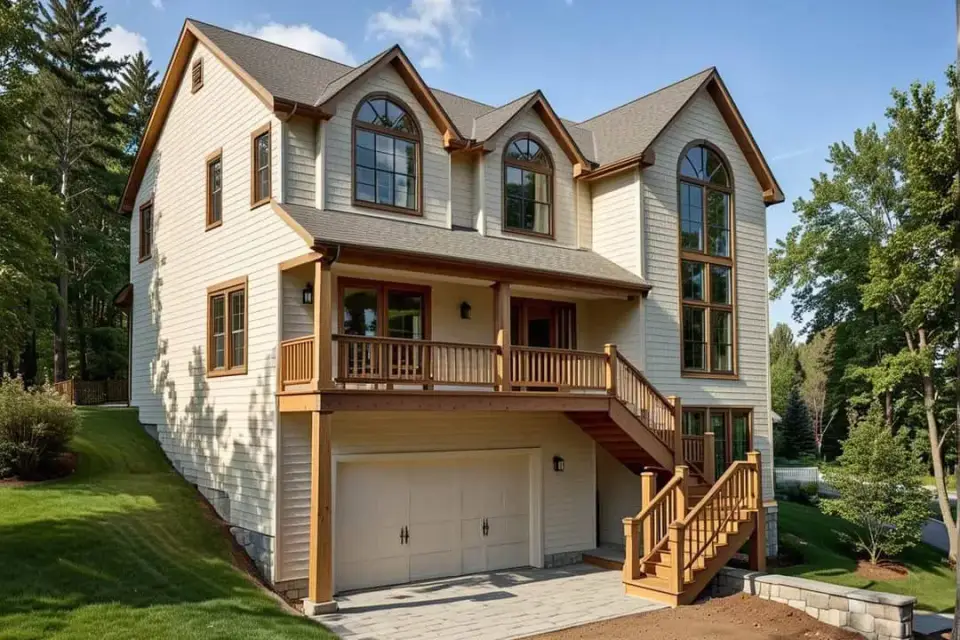 Front exterior elevation of Plan 35143GH with paired garage doors below and covered balcony porch above