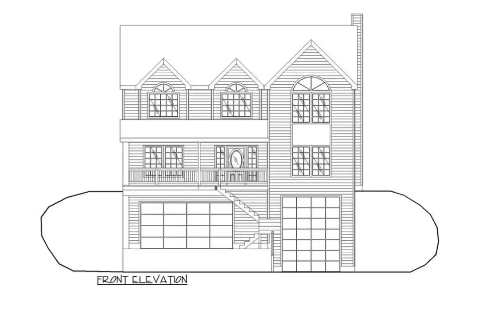 Side exterior elevation of Plan 35143GH showing stepped relationship to sloping grade
