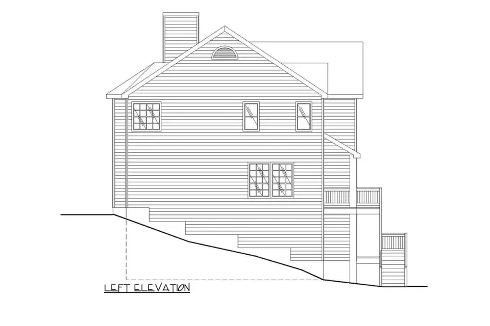 Rendered hillside view of Plan 35143GH with drive-under garage integrated into sloped lot