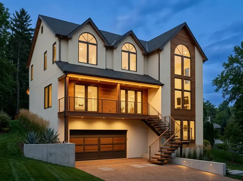 Plan 35143GH styled as Contemporary Alpine with off-white cladding and warm wood paneling