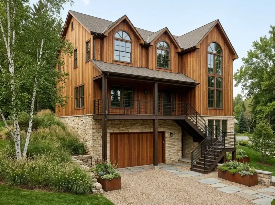 Plan 35143GH styled as Natural Cedar Estate with uniform cedar siding and birch landscape
