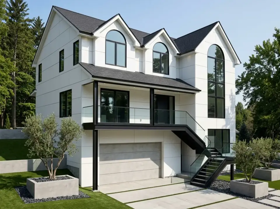 Plan 35143GH styled as Minimalist Modern with stark white panels, black trim, and concrete drive