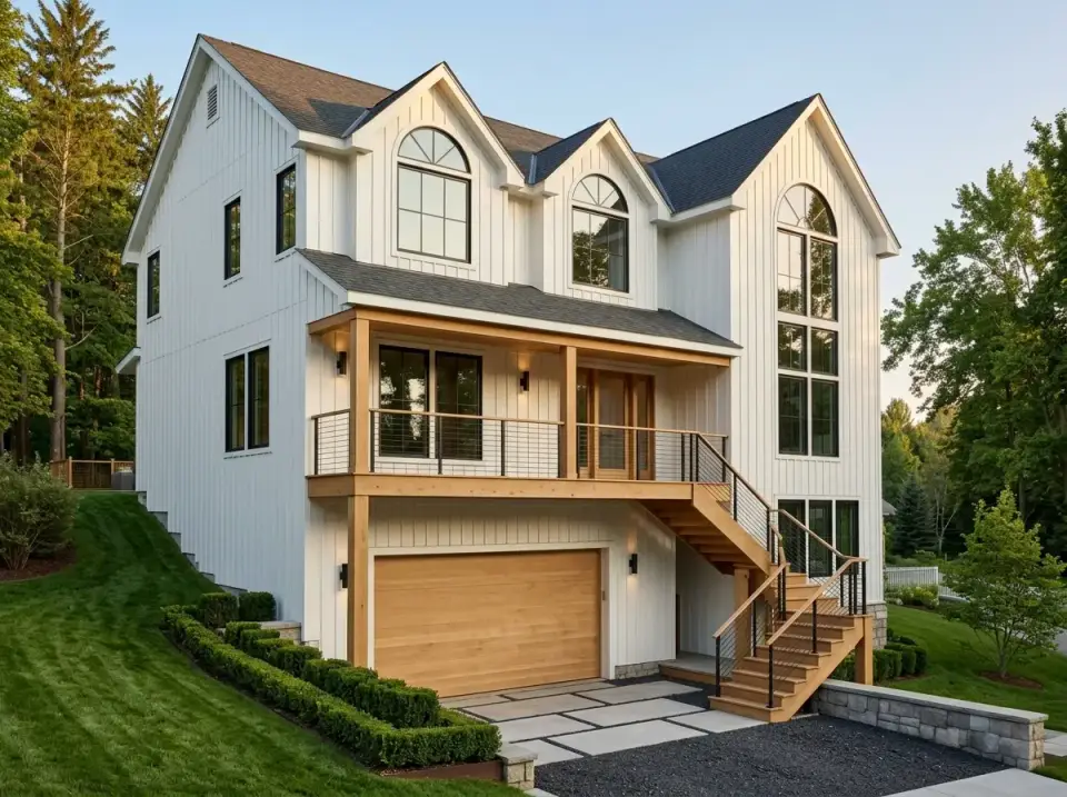 Plan 35143GH styled as Modern Farmhouse with white vertical siding and cedar accents