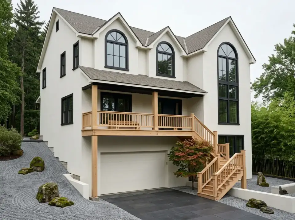Plan 35143GH styled as Zen Retreat with off-white stucco, light wood railings, and dry garden
