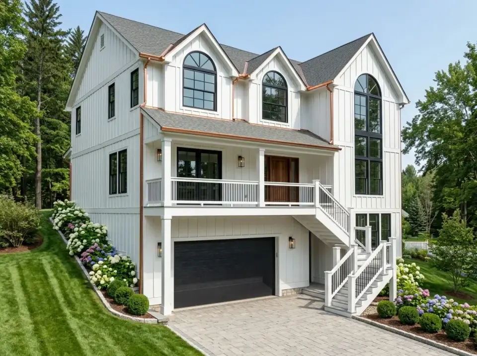 Plan 35143GH styled as Classic Coastal with white board-and-batten siding, copper gutters, and hydrangea beds