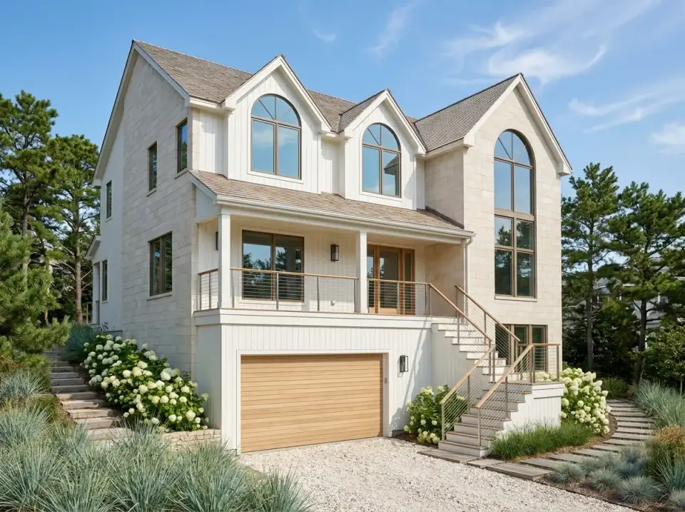 Plan 35143GH styled as Scandinavian Coastal with light horizontal siding and ornamental grasses