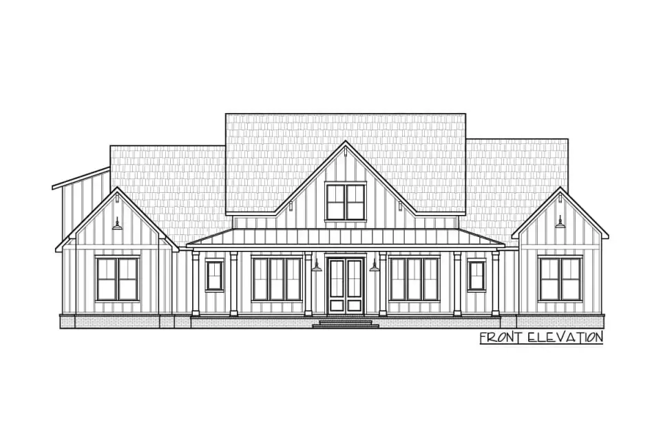 Plan 56478SM front elevation orthographic drawing showing precise dimensional proportions of porch depth, dormer placement, and roof pitch