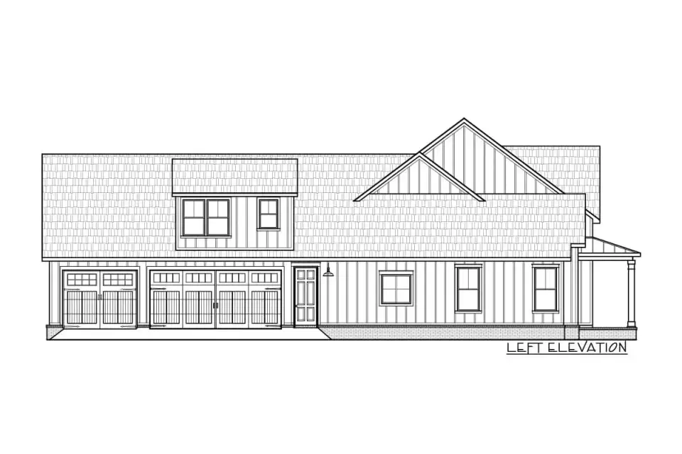 Plan 56478SM left side elevation showing master suite wing exterior with brick chimney mass and proportional gable composition
