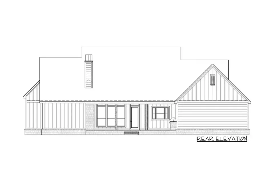 Plan 56478SM rear elevation orthographic drawing showing covered porch depth, fireplace chimney location, and rear-wall window distribution