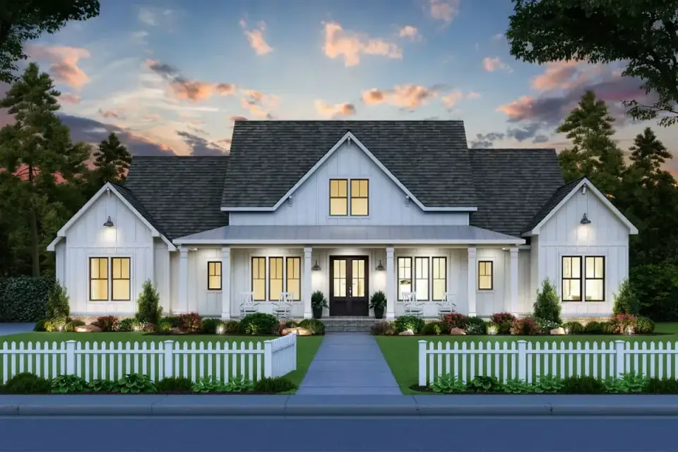 Plan 56478SM updated render with refined porch detailing, wood column posts on brick piers, and double front entry doors centered under the decorative dormer
