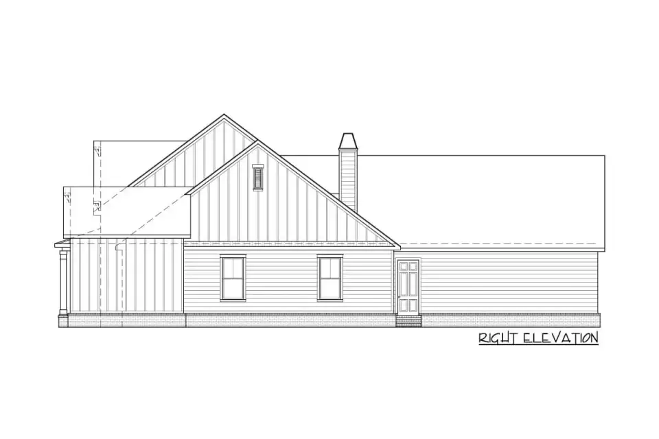 Plan 56478SM right side elevation showing secondary bedroom wing window distribution and side-load garage entry orientation