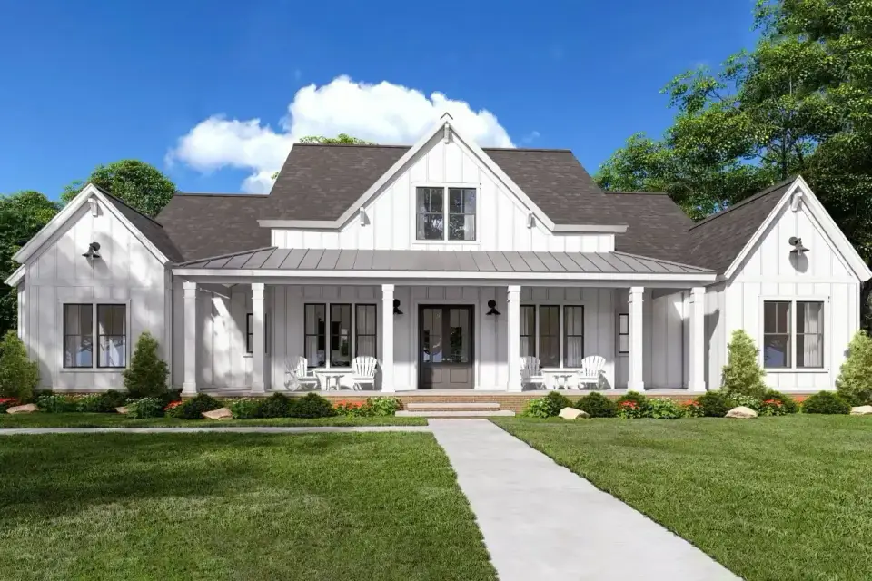 Plan 56478SM front elevation — symmetrical modern farmhouse with white board-and-batten siding, central decorative dormer, deep wrap-around front porch, wood column posts on brick piers, and metal porch roof over architectural shingle main roof