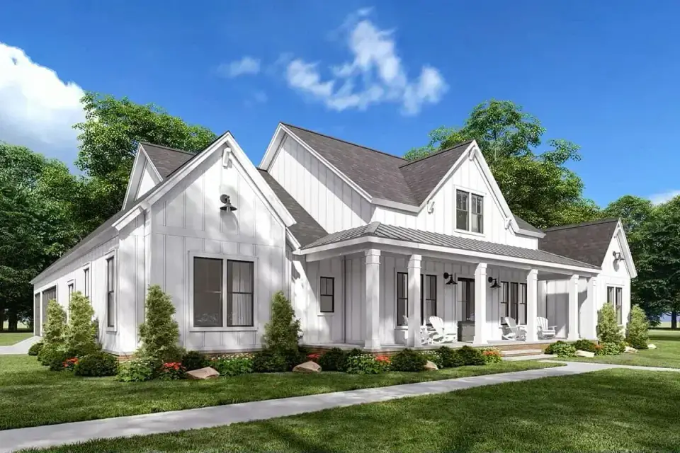 Plan 56478SM angled three-quarter front view showing porch depth, gable rooflines, and side-load garage orientation that minimizes garage-door visibility from the street