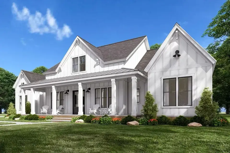 Plan 56478SM angled rear three-quarter view showing depth of rear porch, exterior chimney mass, and gable proportions on the back elevation