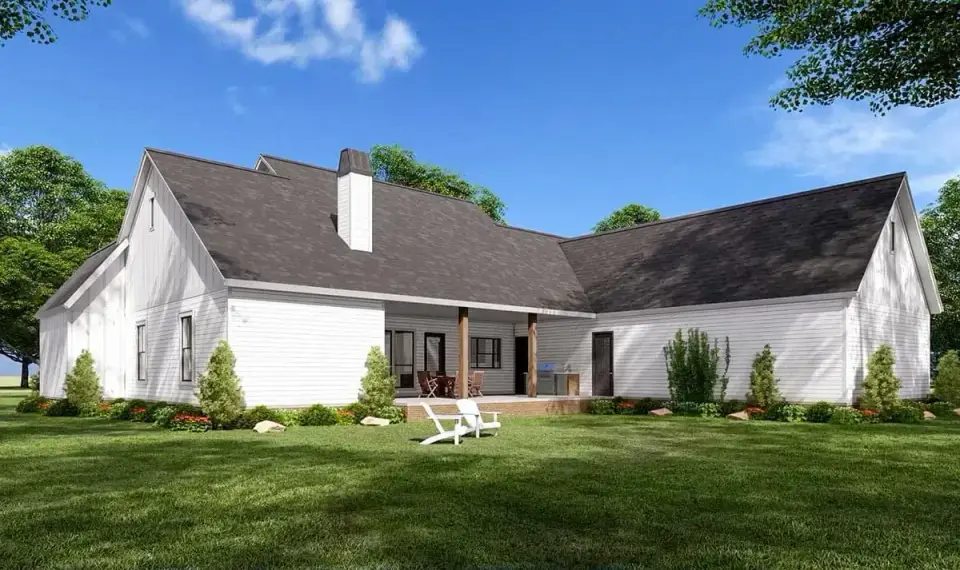 Plan 56478SM rear elevation showing expansive covered rear porch designed to accommodate outdoor kitchen and exterior fireplace, board-and-batten cladding, and exterior brick fireplace chimney mass on the great room wall