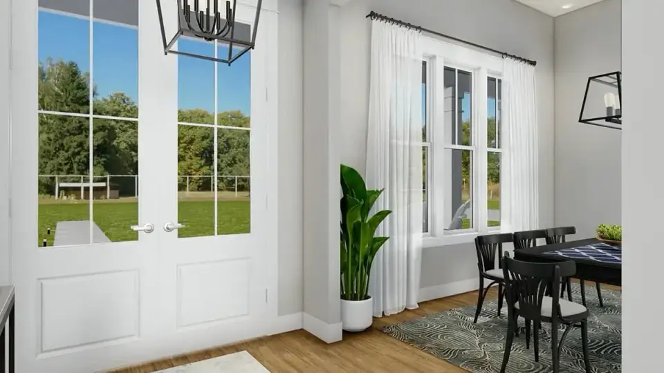 Plan 56478SM foyer interior view showing entry from front porch into great room with sliding barn doors leading to home office on the right