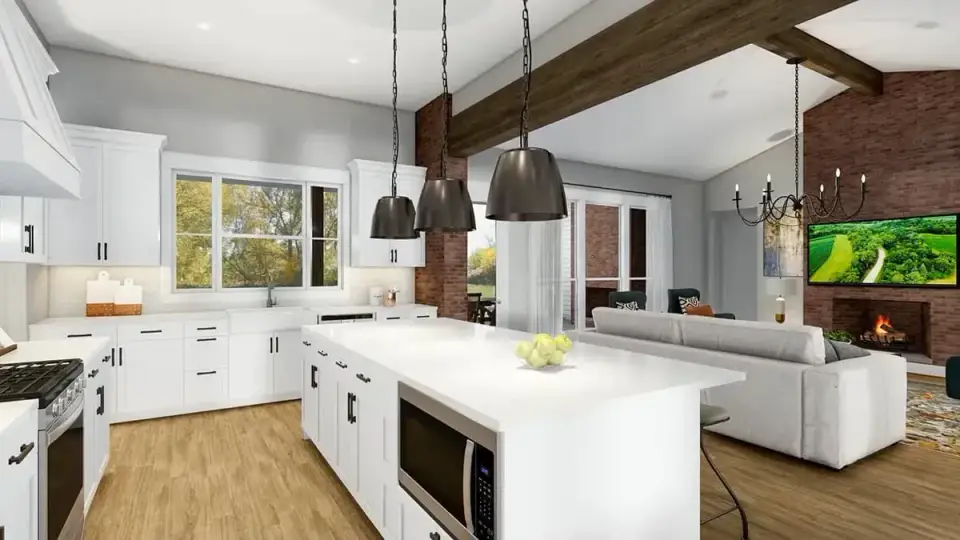 Plan 56478SM home office interior accessed through sliding barn doors with built-in shelving and natural light from front-facing window