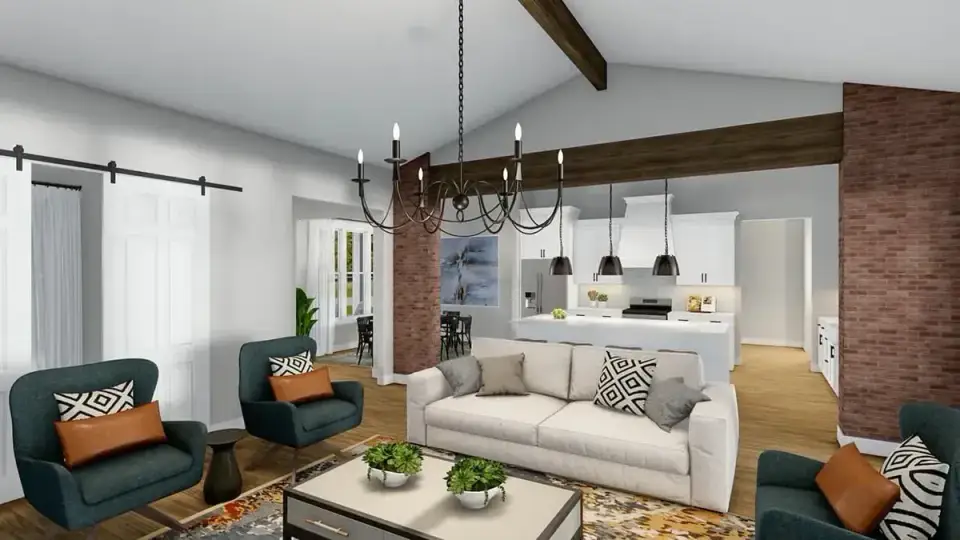 Plan 56478SM master bathroom interior with dual vanities on opposing walls, freestanding soaking tub at center, walk-in tile shower with frameless glass, and tile flooring