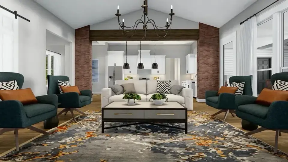 Plan 56478SM master suite bedroom interior with vaulted ceiling, neutral wall color, and large windows overlooking the rear yard