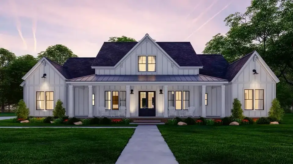 Plan 56478SM detailed exterior view with material specification reference for board-and-batten cladding, metal porch roof, and brick pier porch column bases