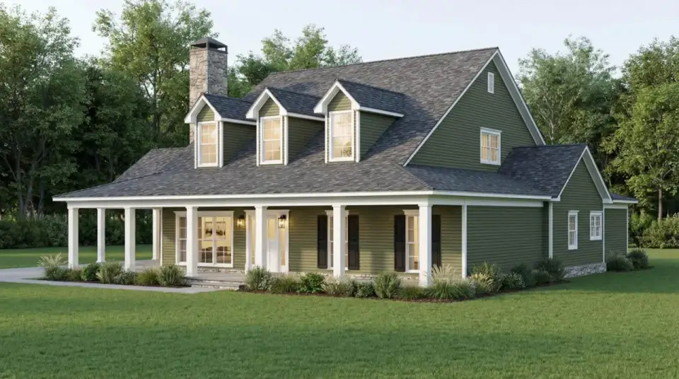 Plan 70952MK front elevation cottage bungalow with horizontal lap siding prominent stone chimney multi-gabled roof three front dormers wrap-around porch supported by simple square columns and traditional cottage massing