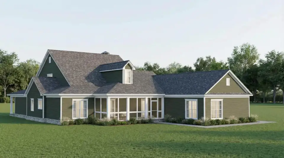Plan 70952MK rear elevation cottage bungalow with screened porch master suite windows kitchen and breakfast nook windows and connection to rear yard for outdoor living