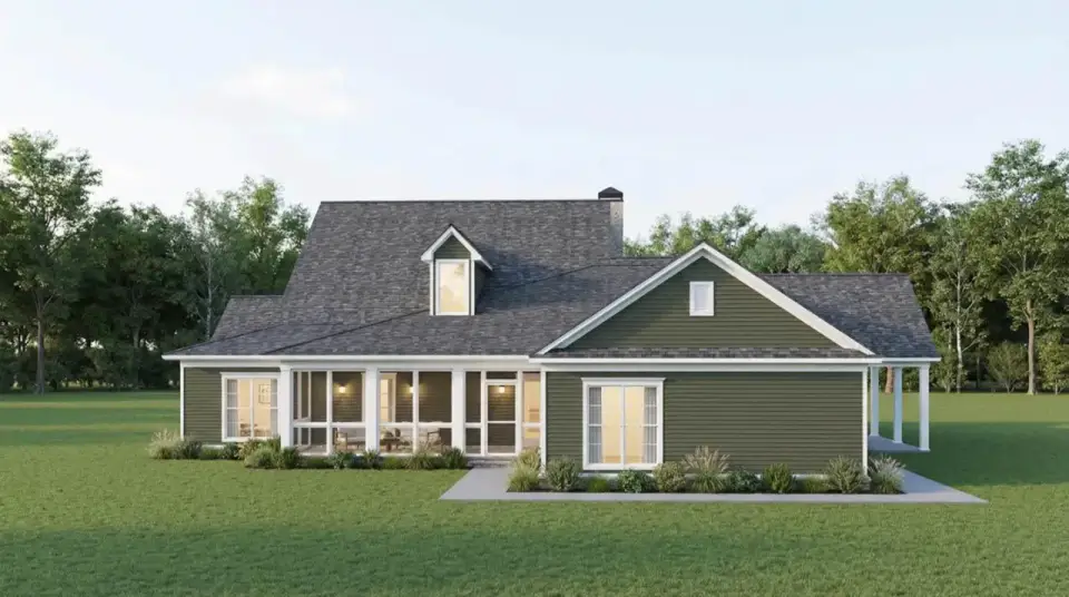 Plan 70952MK exterior detail showing front entry door wrap-around porch ceiling stone foundation accent traditional cottage column proportions and architectural trim work