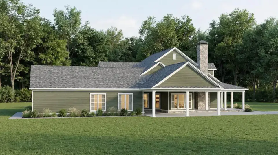 Plan 70952MK angled exterior view of cottage bungalow showing wrap-around porch returns column spacing porch railing detail and relationship between front porch and carport entry