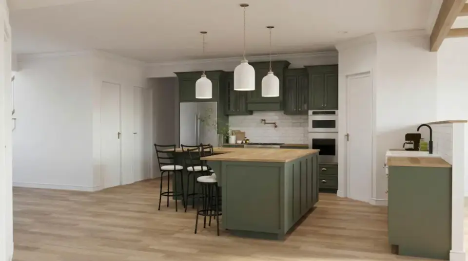 Plan 70952MK kitchen and dining area showing breakfast nook adjacent to kitchen island formal dining area near front entry hardwood flooring throughout common areas pendant lighting and integrated open concept layout