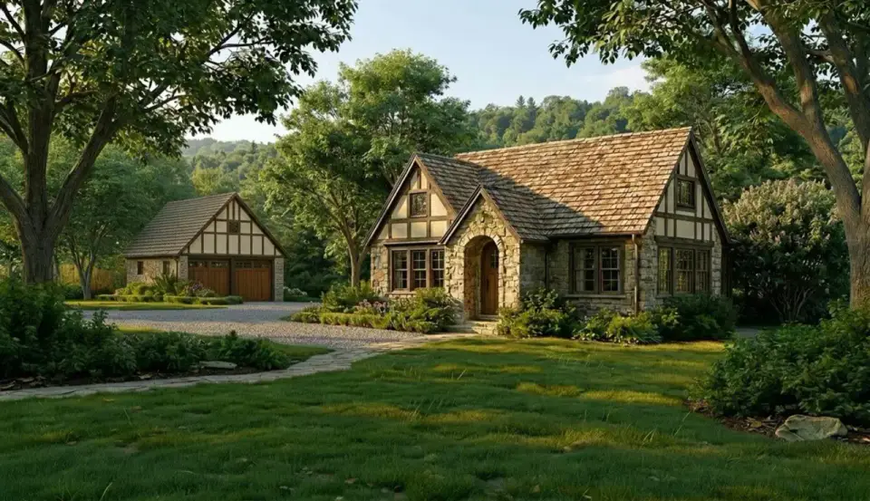Plan 70960MK front elevation — Tudor cottage with steep cross-gable roofline, varied-color stone veneer, smooth stucco upper, dark timber half-timbering, and arched stone entry