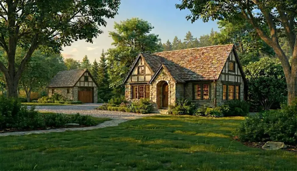 Plan 70960MK detached garage exterior view with matching stone veneer stucco and timber framing to main residence