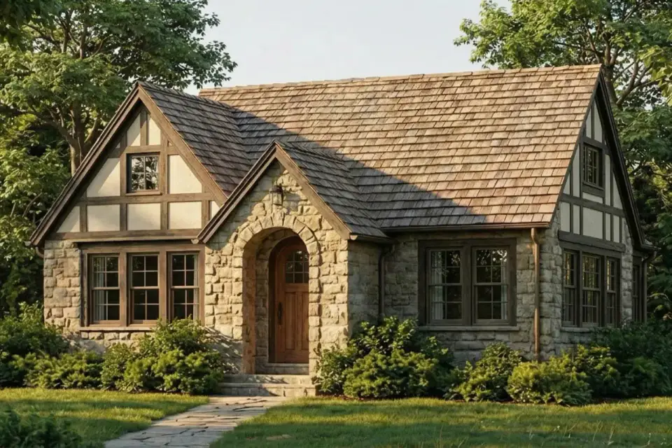 Plan 70960MK angled front three-quarter view showing steep gable rooflines, multi-pane casement windows, and arched stone entry detail